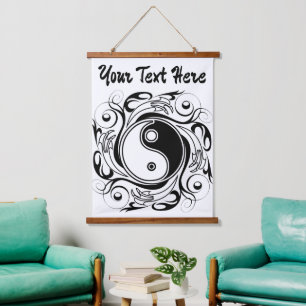Yin & Yang Symbol Black and White Tattoo Style Hanging Tapestry