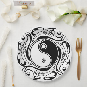 Yin & Yang Symbol Black and White Tattoo Style Paper Plate