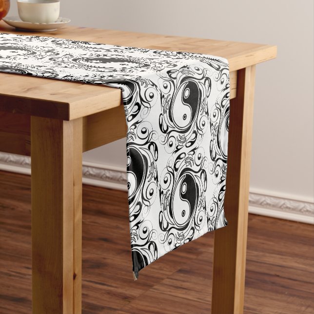 Yin & Yang Symbol Black and White Tattoo Style Short Table Runner (In Situ)
