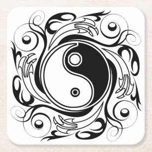 Yin & Yang Symbol Black and White Tattoo Style Square Paper Coaster