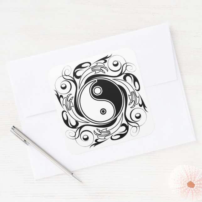 Yin & Yang Symbol Black and White Tattoo Style Square Sticker (Envelope)