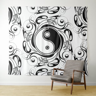 Yin & Yang Symbol Black and White Tattoo Style Tapestry