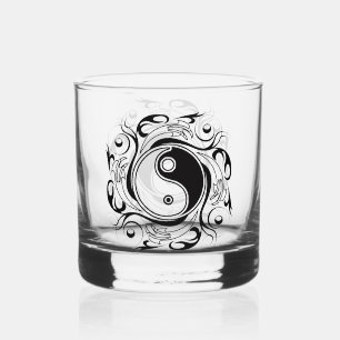Yin & Yang Symbol Black and White Tattoo Style Whiskey Glass
