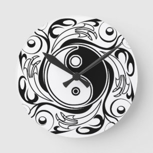 Yin Yang Tattoo Ornamental Style Round Clock