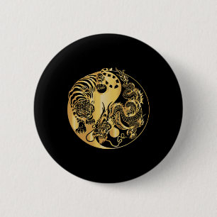 Yin Yang Tiger Dragon Gold 6 Cm Round Badge