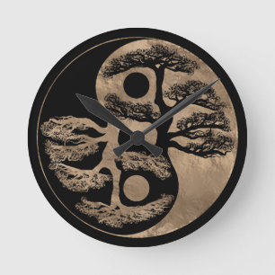 Yin Yang Tree Black and Gold Round Clock