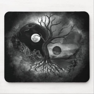 Yin Yang Tree Landscape Black and White Mouse Pad