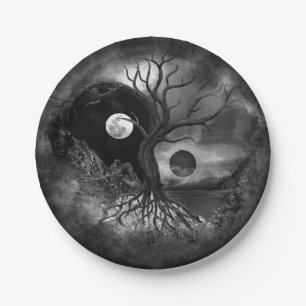 Yin Yang Tree Landscape Black and White Paper Plate