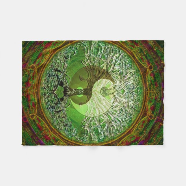 Yin Yang Tree of Life Green Fleece Blanket (Front (Horizontal))