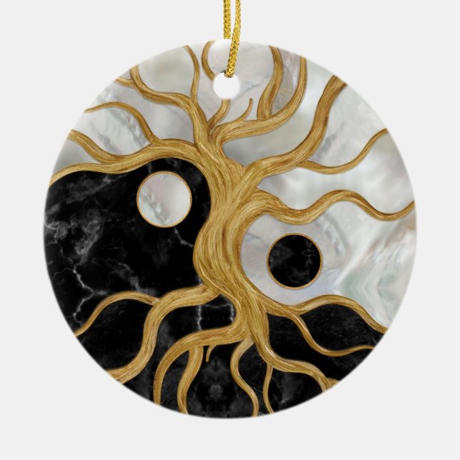 Yin Yang Tree of life - Marbles and Gold Ceramic Tree Decoration (Front)