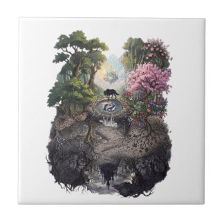 Yin Yang Wolves Dual Seasons Tree of Life Fantasy Tile