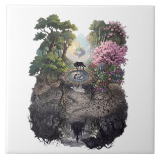 Yin Yang Wolves Dual Seasons Tree of Life Fantasy Tile