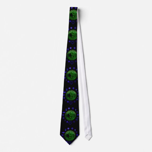 ying yang and tree of life neon blue and green tie (Front)