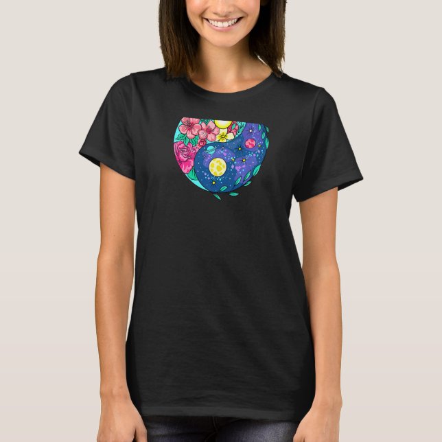 Yinyang Yin Yang Flower & Planet Zen Peace  on Bac T-Shirt (Front)