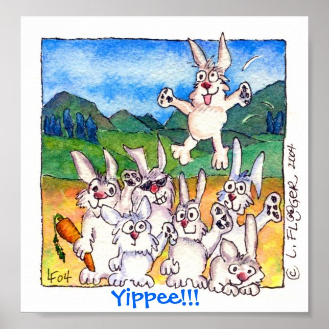 Yippee!!! - Cute Cartoon Bunnies Poster Print (Front)