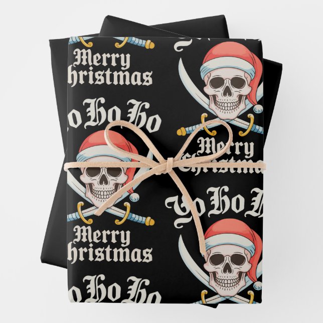 Yo Ho Ho Merry Christmas Pirate Xmas Skull Holiday Wrapping Paper Sheet (In situ)