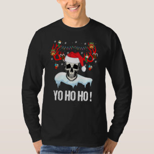 Yo Ho Ho Skull Reindeer Santa Hat Xmas Light Merry T-Shirt