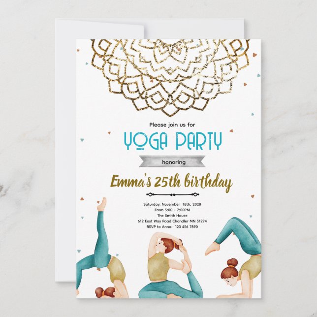 Yoga adult birthday party invitation (Front)