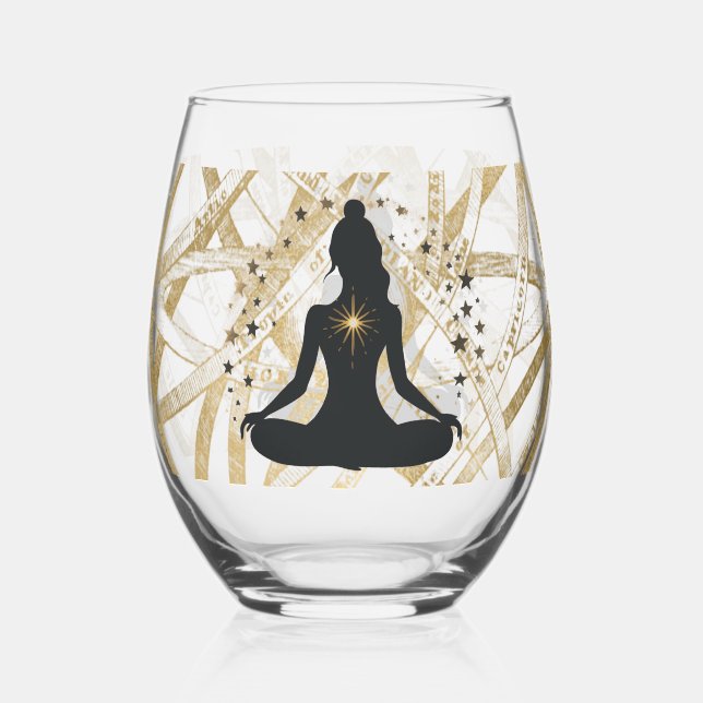 YOGA and Gold Astronomy Pattern  Stemless Wine Glass (Back)