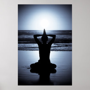 Yoga at night on the beach with full moon reflecti poster