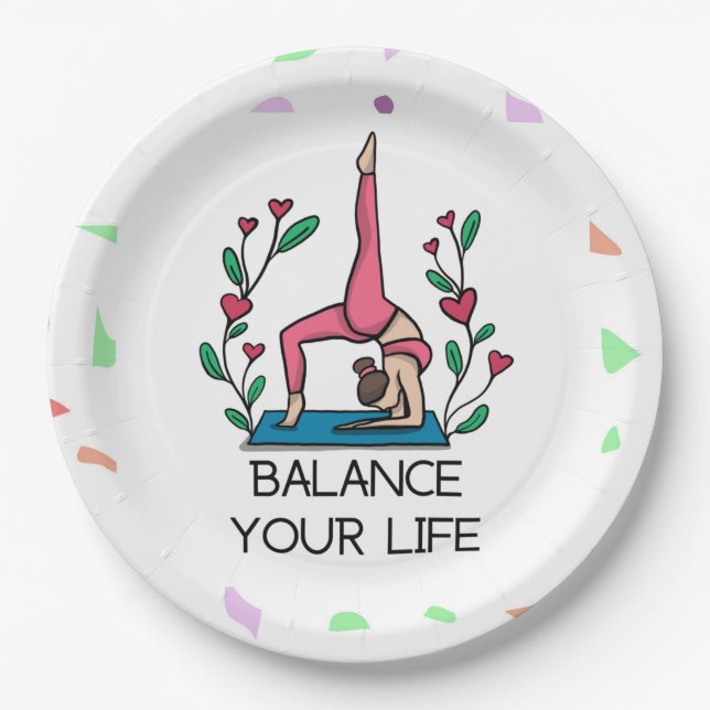 Yoga balance your life lady in pink posing yoga    paper plate (Front)