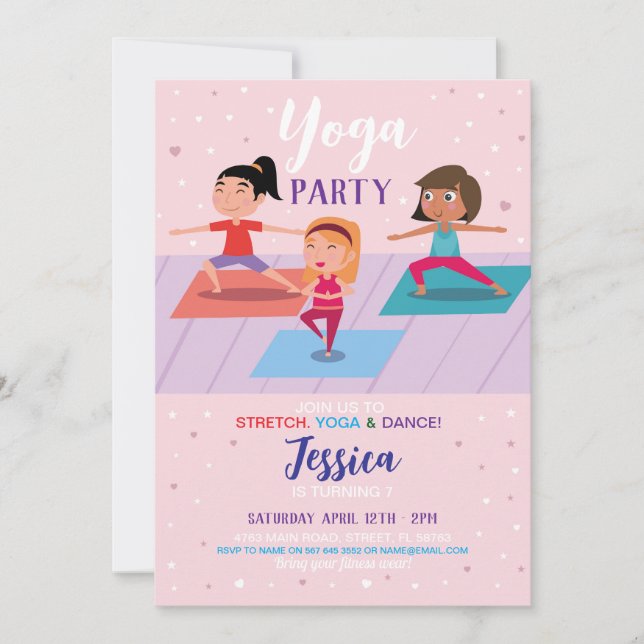 Yoga Birthday Party Girls Pink Stretch Tumble Invitation (Front)