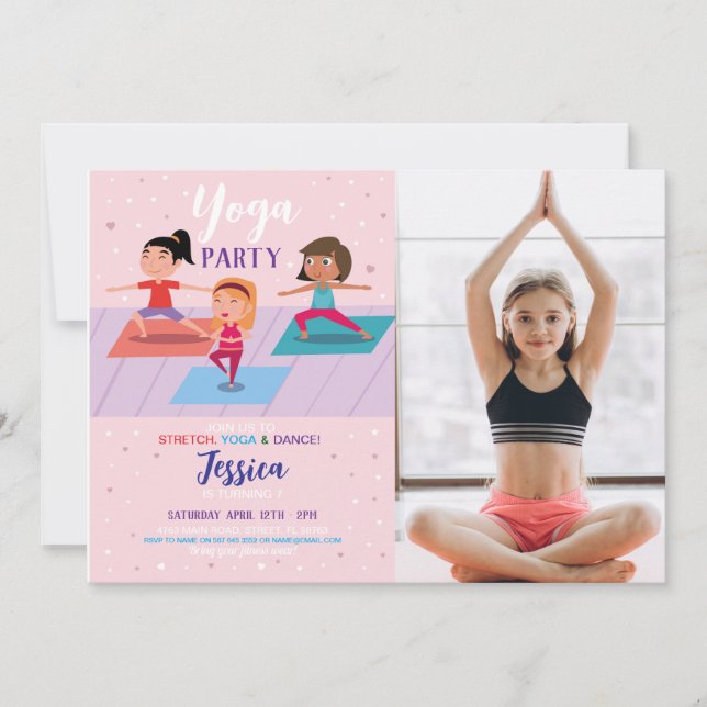 Yoga Birthday Party Girls Stretch Tumble Photo Invitation (Front)