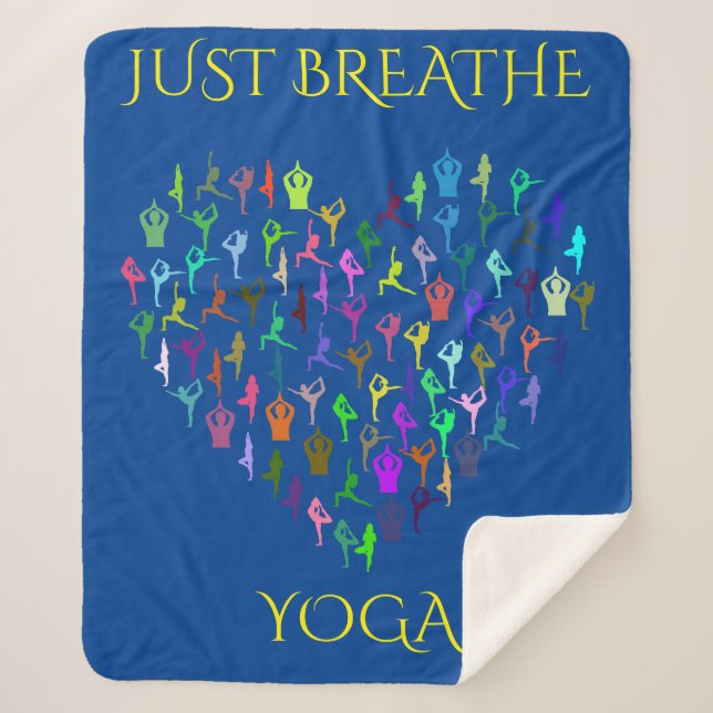 YOGA blue sherpa blanket with heart. "JUST BREATH (Front)