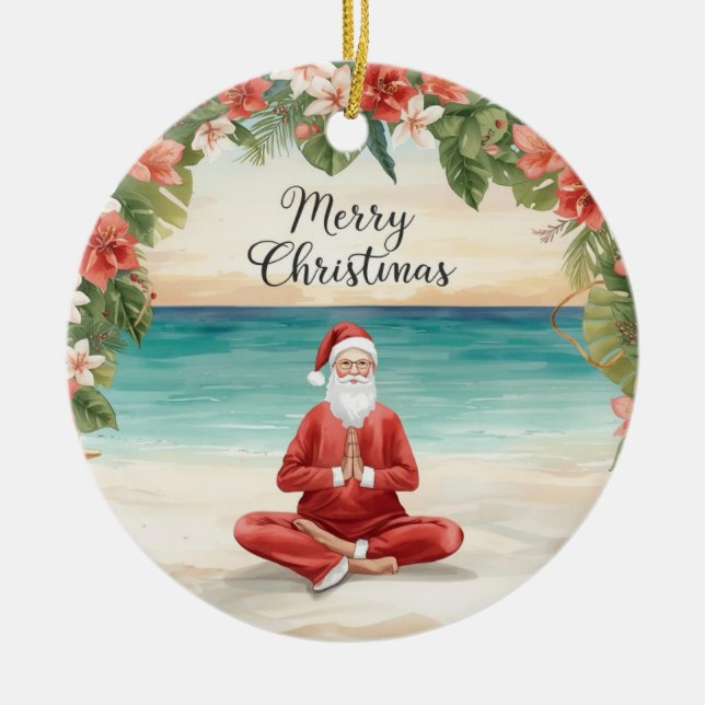 Yoga Christmas Santa Claus instructor  Ceramic Tree Decoration (Front)
