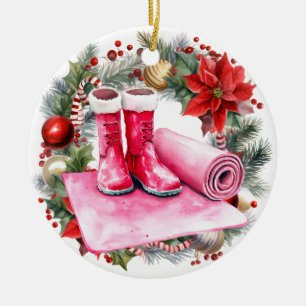 Yoga Christmas Santa Claus Shoes on yoga mat Ceramic Tree Decoration
