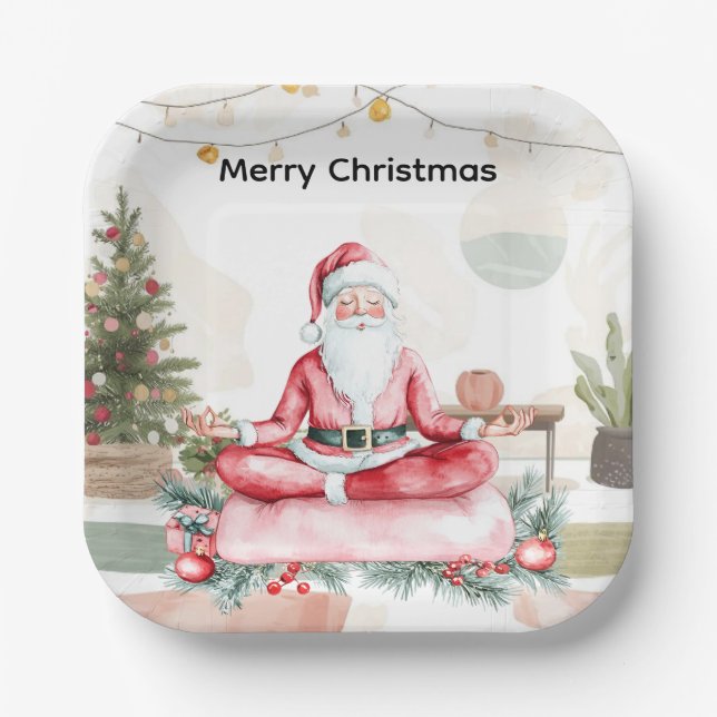 Yoga Christmas with Santa Claus in yoga class Larg Paper Plate (Front)