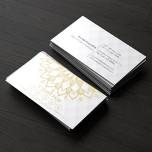 Yoga Class Pass Gold Mandala Floral White Leather Loyalty Card