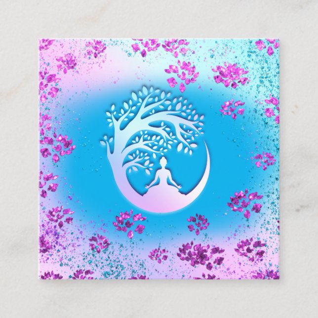 Yoga Classes School Logo Instructor QR Blue Floral Square Business Card (Front)