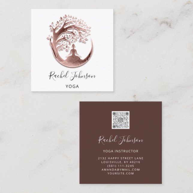 Yoga Classes School Logo Instructor QR Rose White Square Business Card (Front/Back)