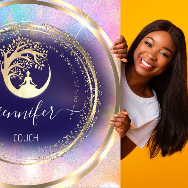 Yoga Couch Therapist Mindfulness QRCODE Gold Blue  Square Business Card (Creator Uploaded)