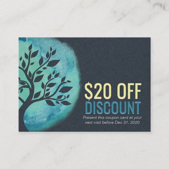YOGA Discount Coupon Loyalty Watercolor Teal Tree (Front)