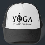 YOGA Eat sleep pose repeat funny trucker hat<br><div class="desc">YOGA Eat sleep pose repeat funny trucker hat. Cool cap with tree posture silhouette. Cool gift idea for yoga practitioner,  fans,  teacher,  instructor,  pilates trainer,  sports coach,  personal trainer,  fitness lover etc. Customisable logo colour.</div>