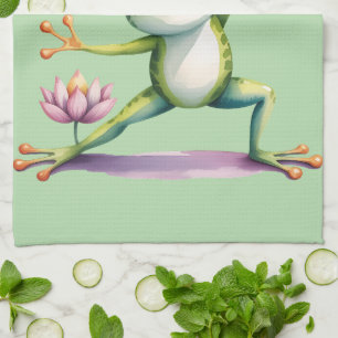 Yoga Frog With Lotus Watercolor Tea Towel