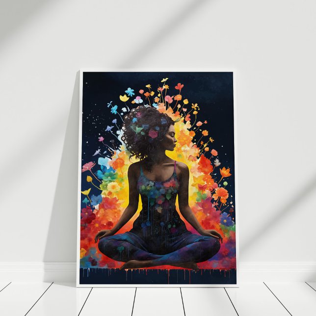Yoga Girl Meditating Flowers Universe Poster (Yoga Girl Meditating Flowers Universe Poster in white frame against white wall.)