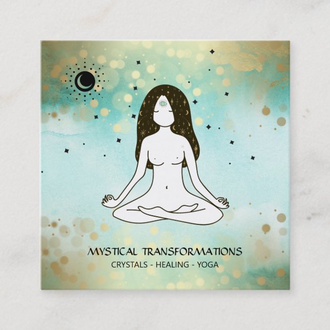 *~* Yoga Goddess Celestial  Moon Magic Boho Teal Square Business Card (Front)