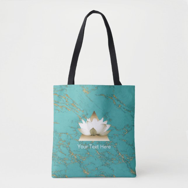 Yoga Gold Lotus Modern Turquoise & Gold Marble Tote Bag (Front)
