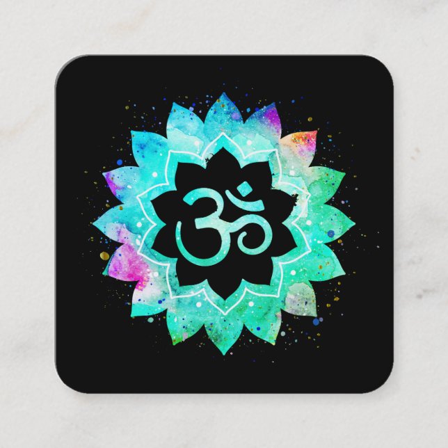 *~* Yoga Healer Lotus Flower Mandala Om Aum Symbol Square Business Card (Front)