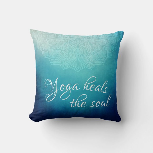 Yoga Heals the Soul Text with Blue Mandala Cushion (Front)