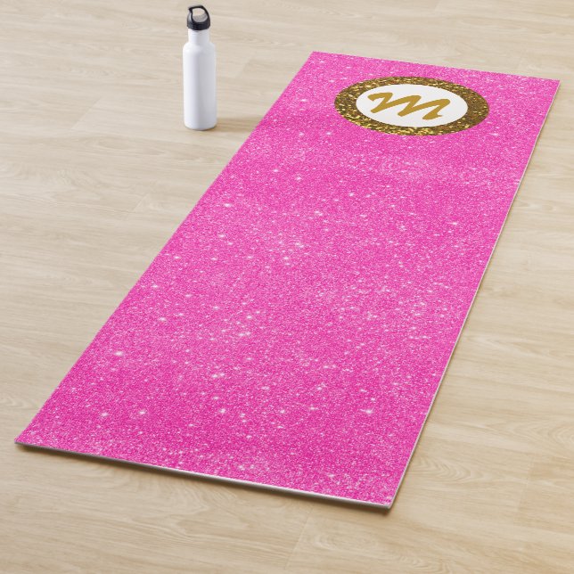 Yoga Hot Pink Glitter Girly Monogram Gold Glitter Yoga Mat (In Situ)