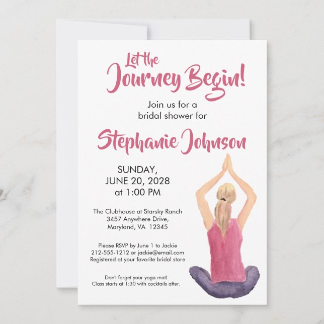 Yoga Inspired Pink White Watercolor Bridal Shower Invitation (Front)