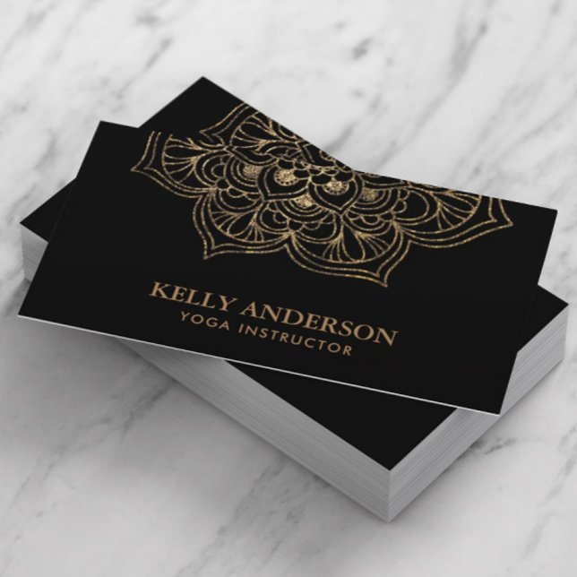 Yoga Instructor Black & Gold Lotus Mandala Business Card (Creator Uploaded)