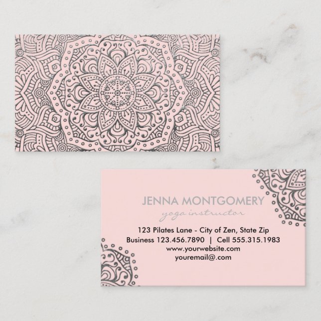 Yoga Instructor Boho | Pink Silver Mandala Elegant Business Card (Front/Back)