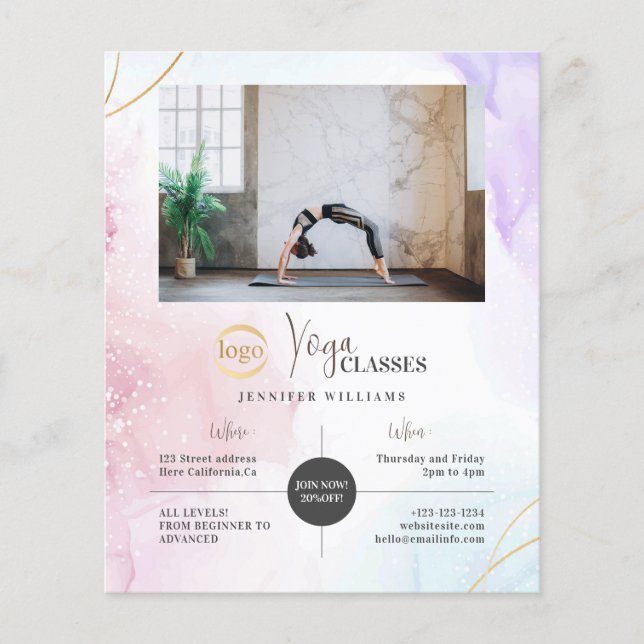 Yoga Instructor Classes Photo Logo Watercolor Boho Flyer (Front)