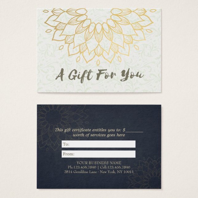 YOGA Instructor Gift Certificate Gold Foil Mandala (Front & Back)