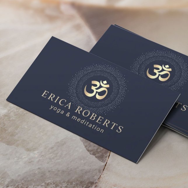 Yoga Instructor Gold Om Symbol Navy Meditation Business Card (Creator Uploaded)